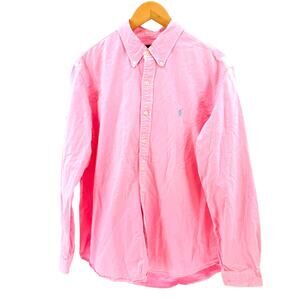 Distressed Ralph Lauren Pink Blue Polo Logo 100% Cotton Oxford Workshirt